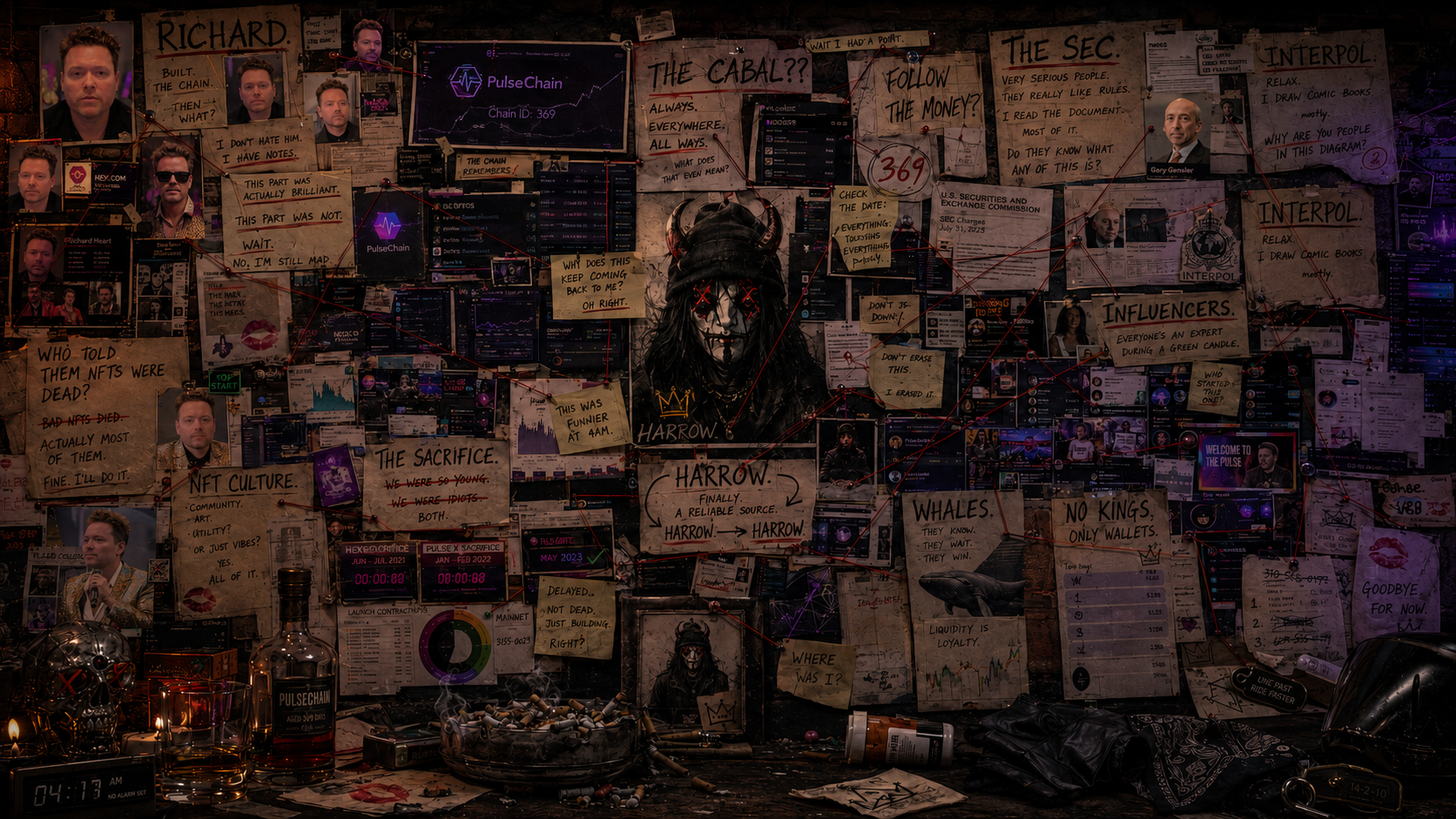 Harrow's sprawling PulseChain obsession wall covered in notes, charts, photographs and red string