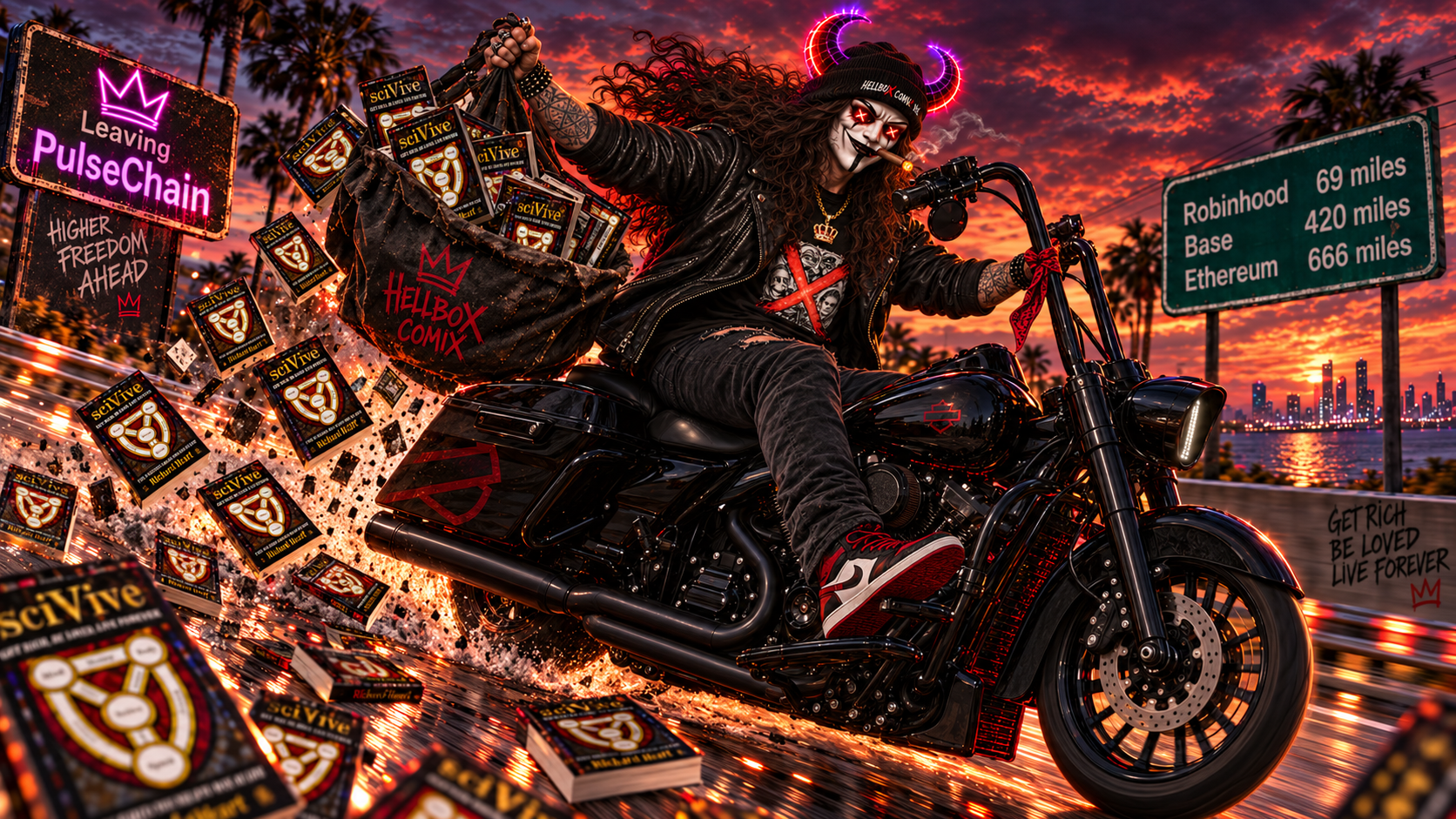 Harrow riding away from a neon PulseChain exit sign, saddlebags full of SciVive copies, road signs pointing to Robinhood, Base and Ethereum.